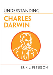 Dust jacket for Understanding Charles Darwin. It has a white background with orange circle surrounding an engraving of Charles Darwin.